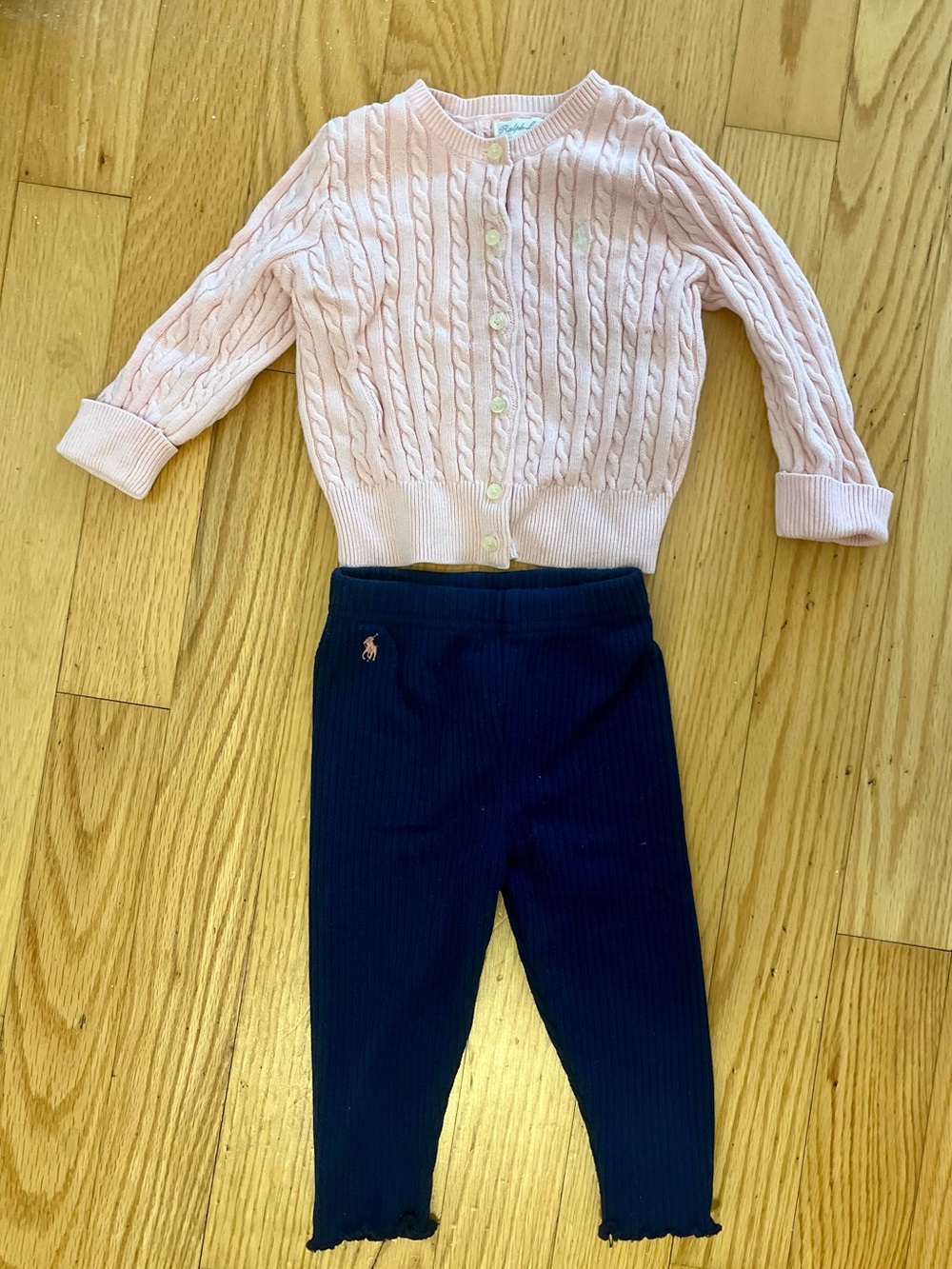 Ralph Lauren Pink Cable-Knit Cardigan & Navy Leggings Set - 12mo